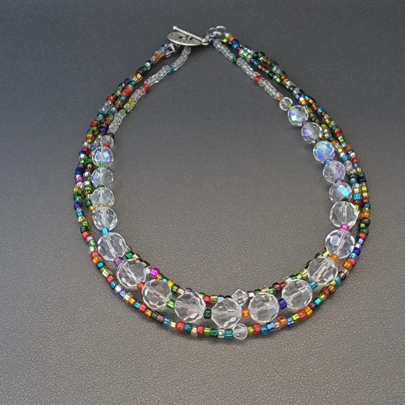 Handmade Multicolor Seed Bead & Clear Crystal Necklace | 3-Strand Beaded Choker - Picture 2 of 5